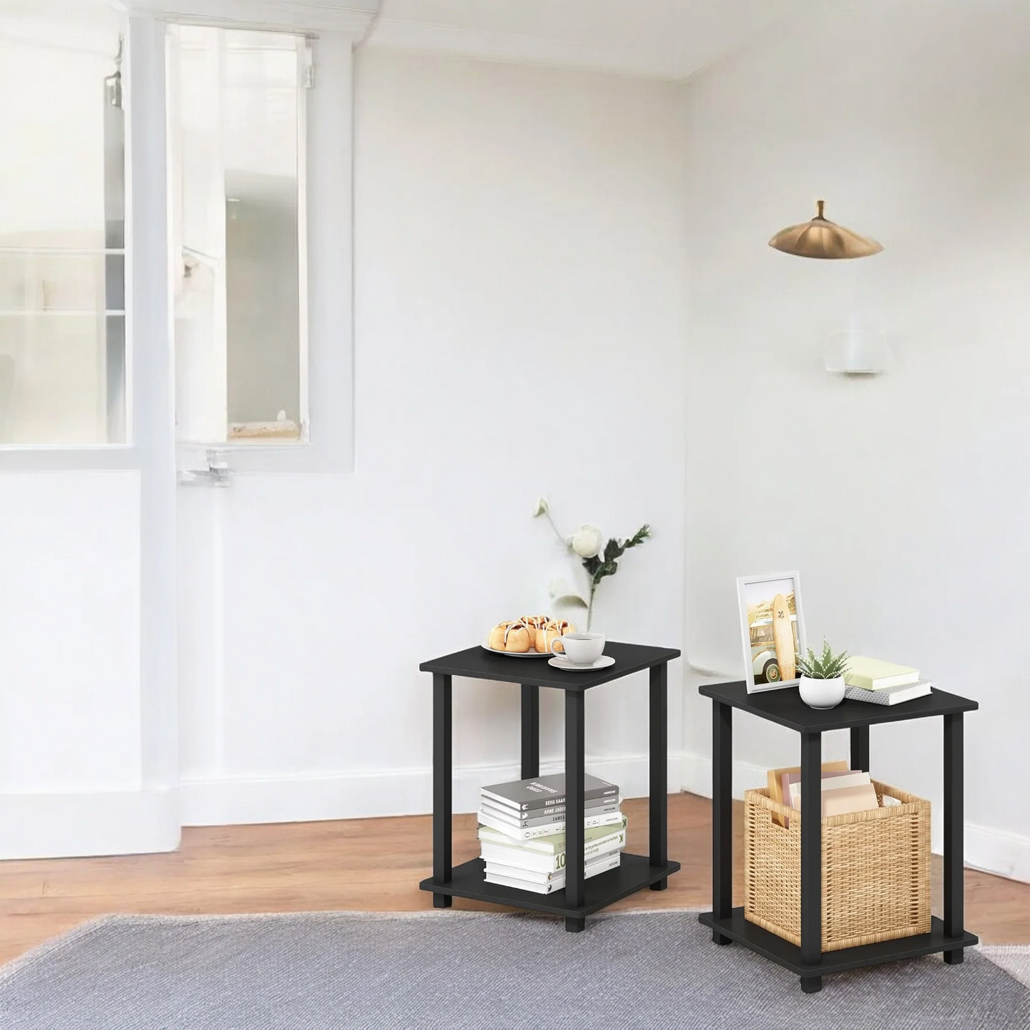 Black Side Table with Woven Basket Storage – Modern Minimalist Style