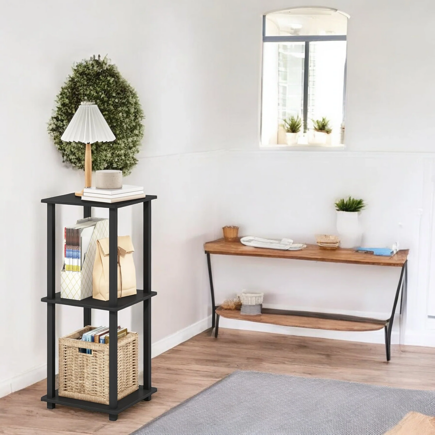 Black Side Table with Woven Basket Storage – Modern Minimalist Style