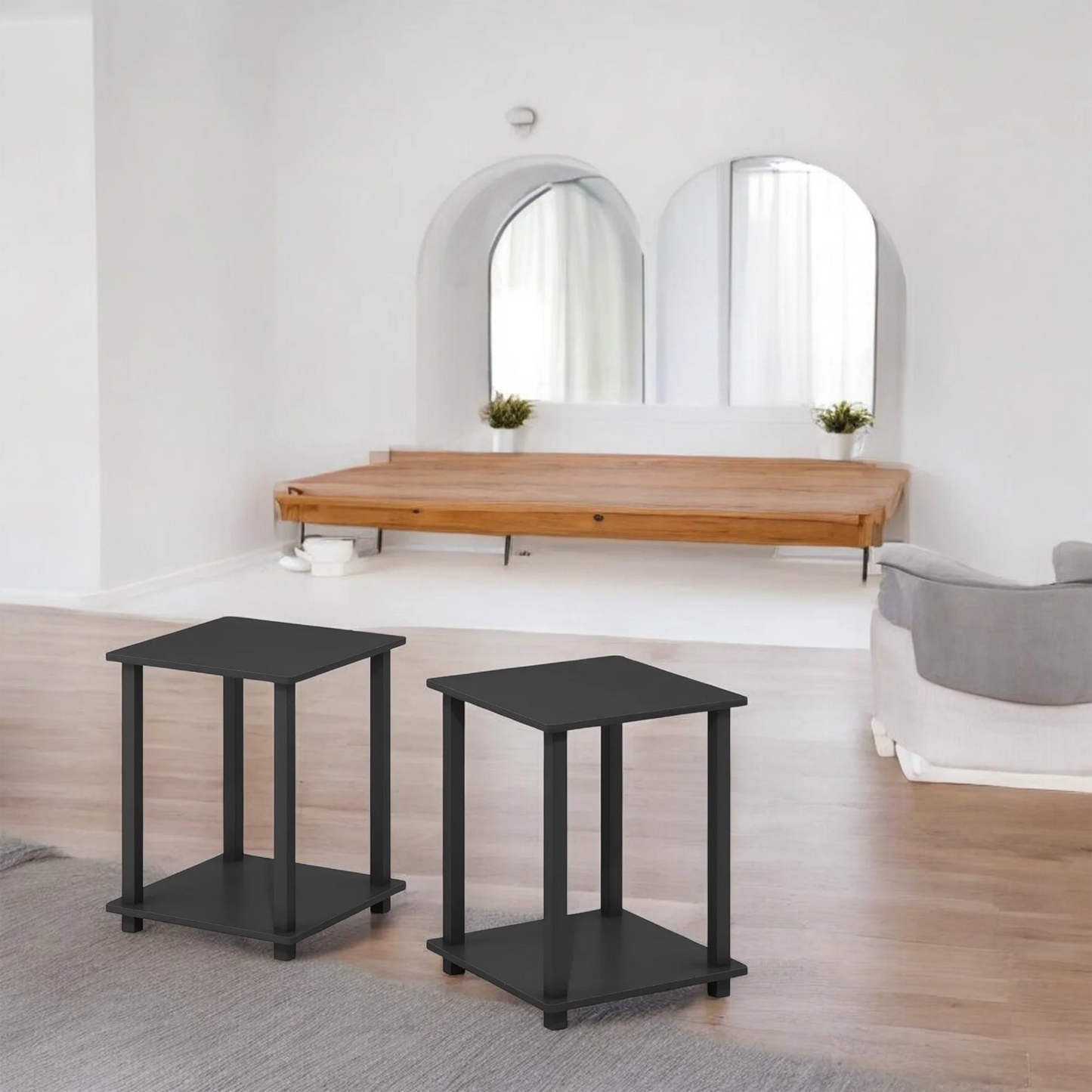 Black Side Table with Woven Basket Storage – Modern Minimalist Style