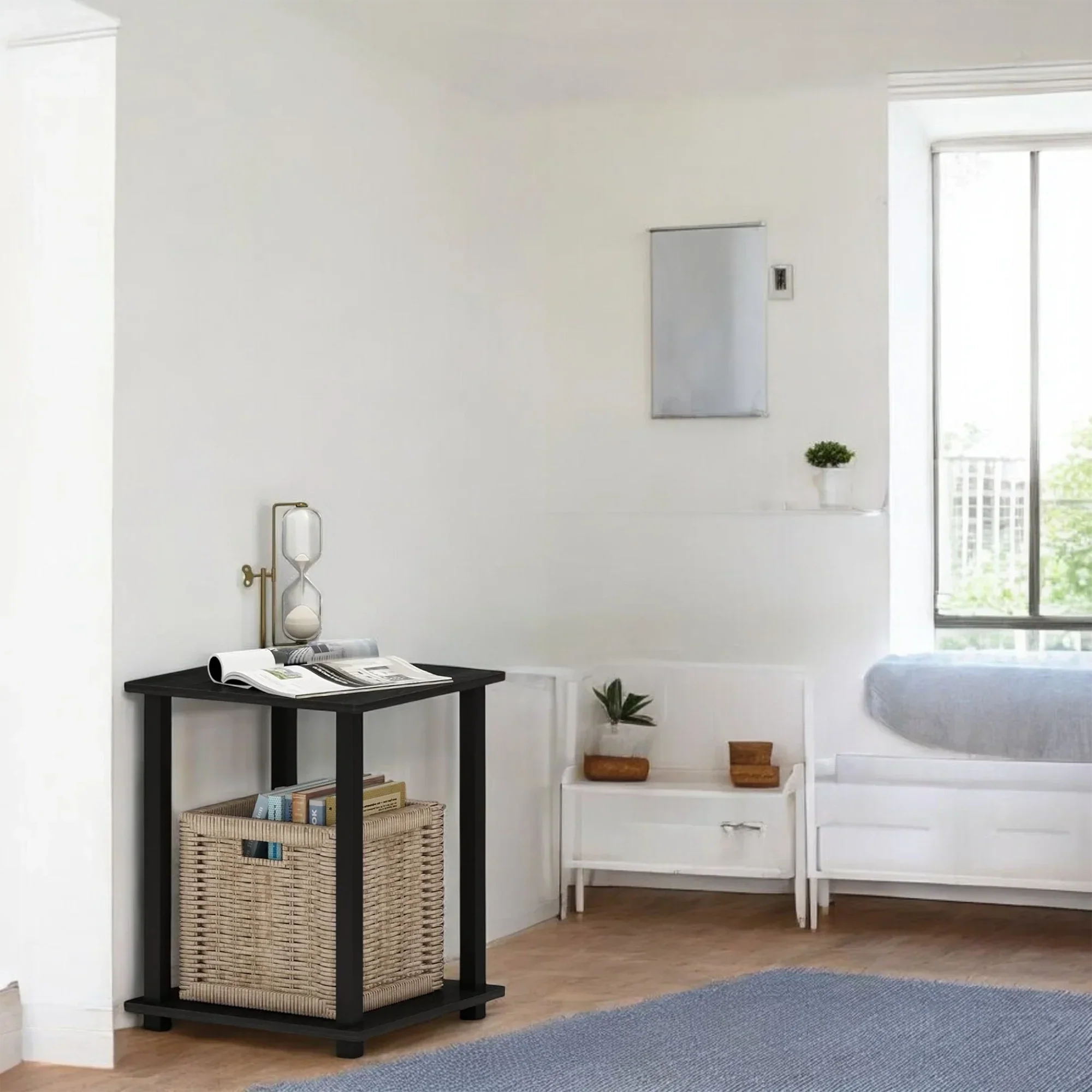 Black Side Table with Woven Basket Storage – Modern Minimalist Style