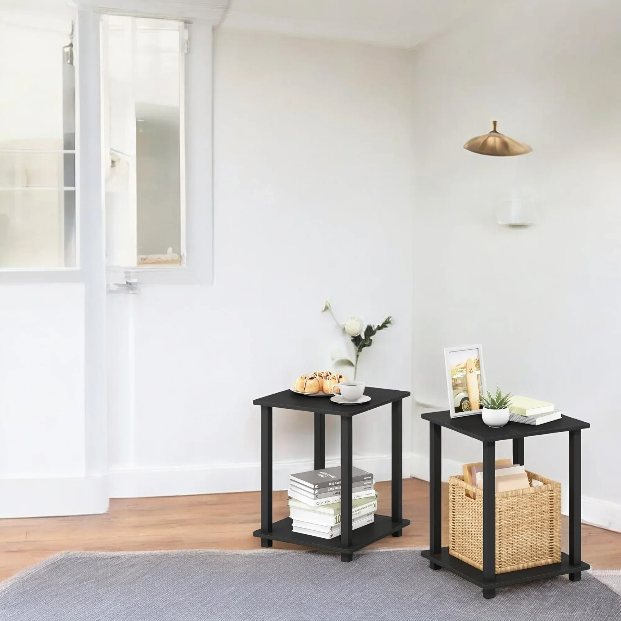 Black Side Table with Woven Basket Storage – Modern Minimalist Style