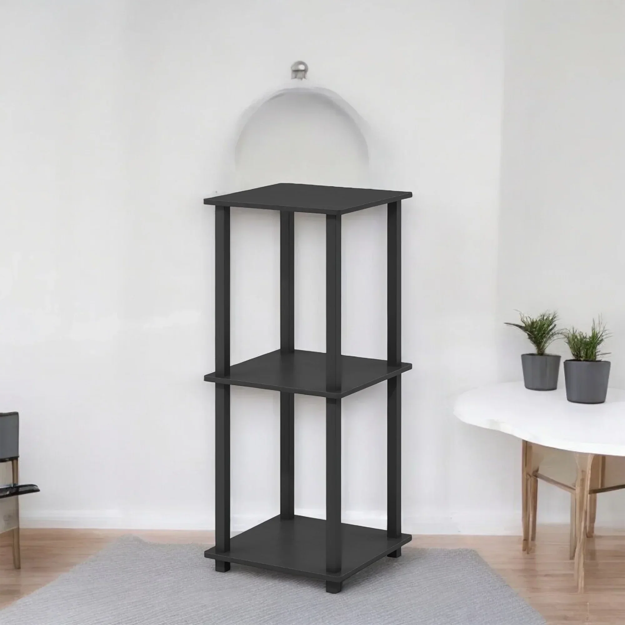 Black Side Table with Woven Basket Storage – Modern Minimalist Style