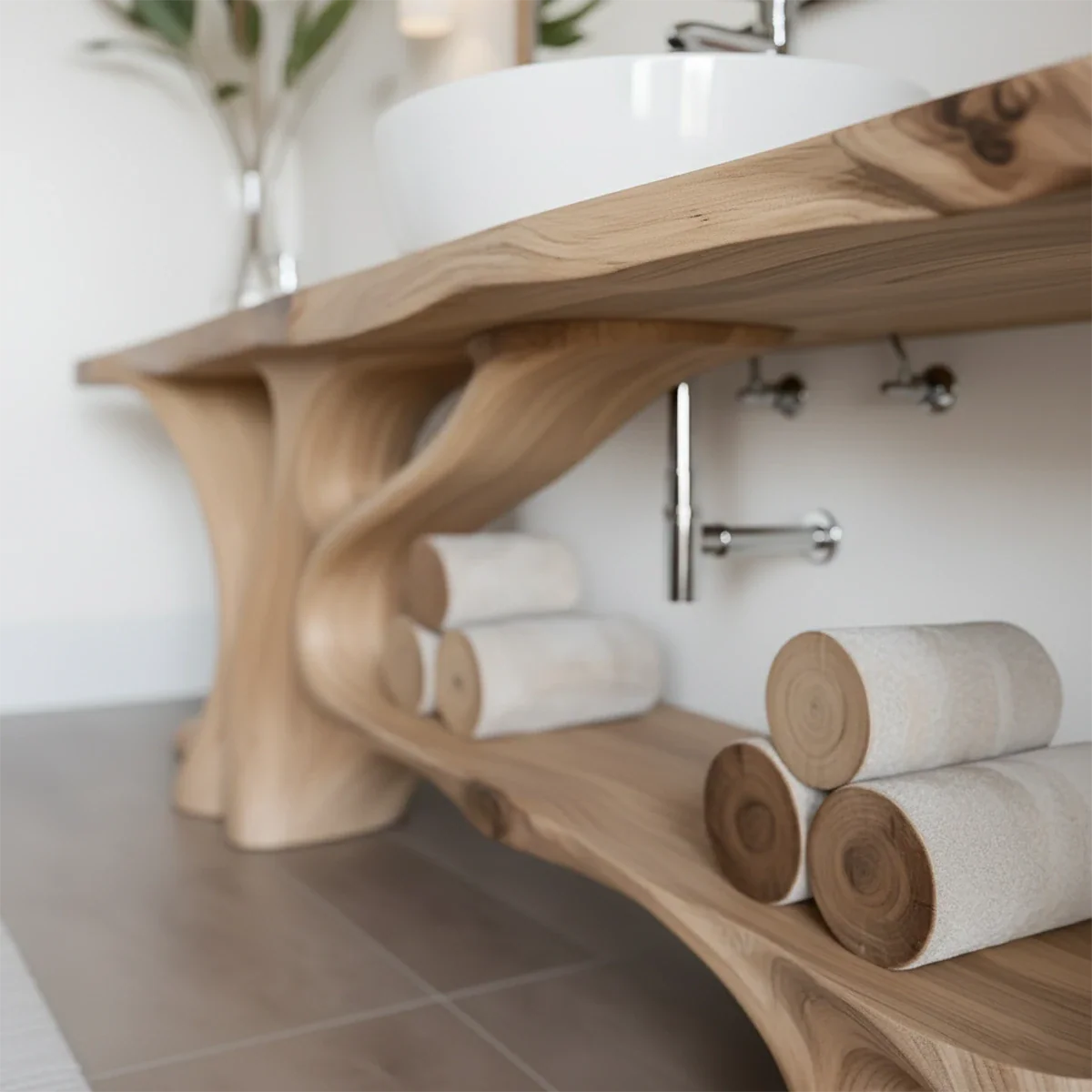 Branch Form Solid Wood Vanity with Flowing Organic Structure - Rustira