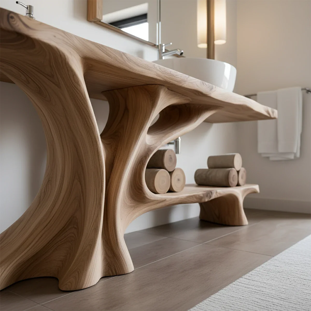 Branch Form Solid Wood Vanity with Flowing Organic Structure - Rustira