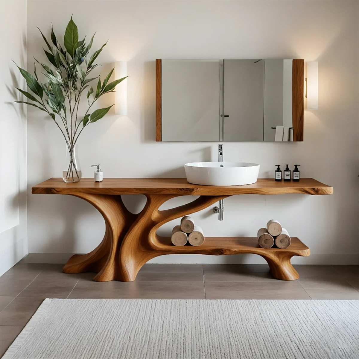 Branch Form Solid Wood Vanity with Flowing Organic Structure - Rustira