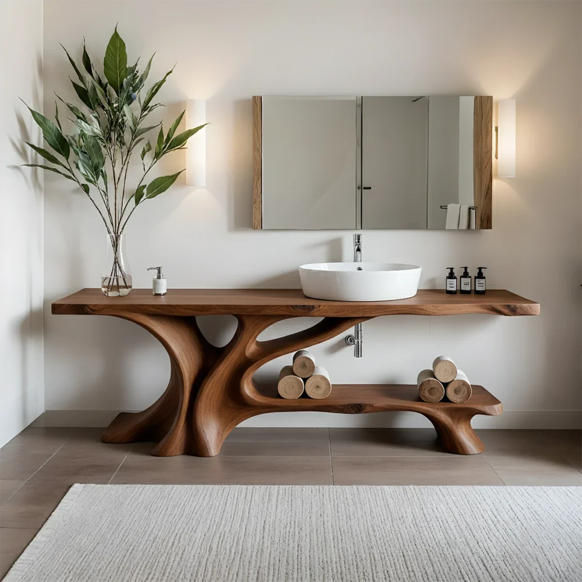 Branch Form Solid Wood Vanity with Flowing Organic Structure - Rustira
