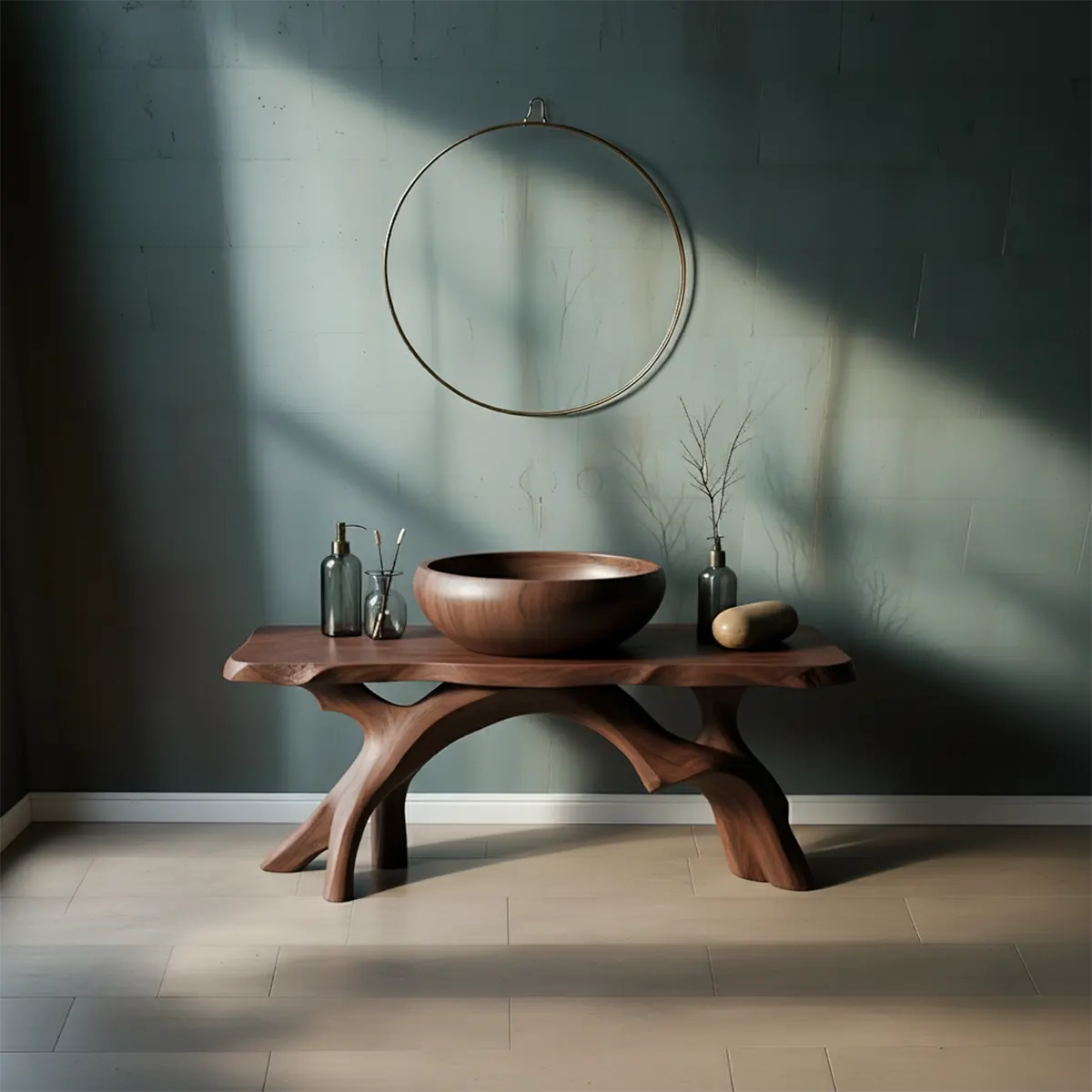 BranchArc Vanity – Sculpted Solid Wood Bathroom Console - Rustira