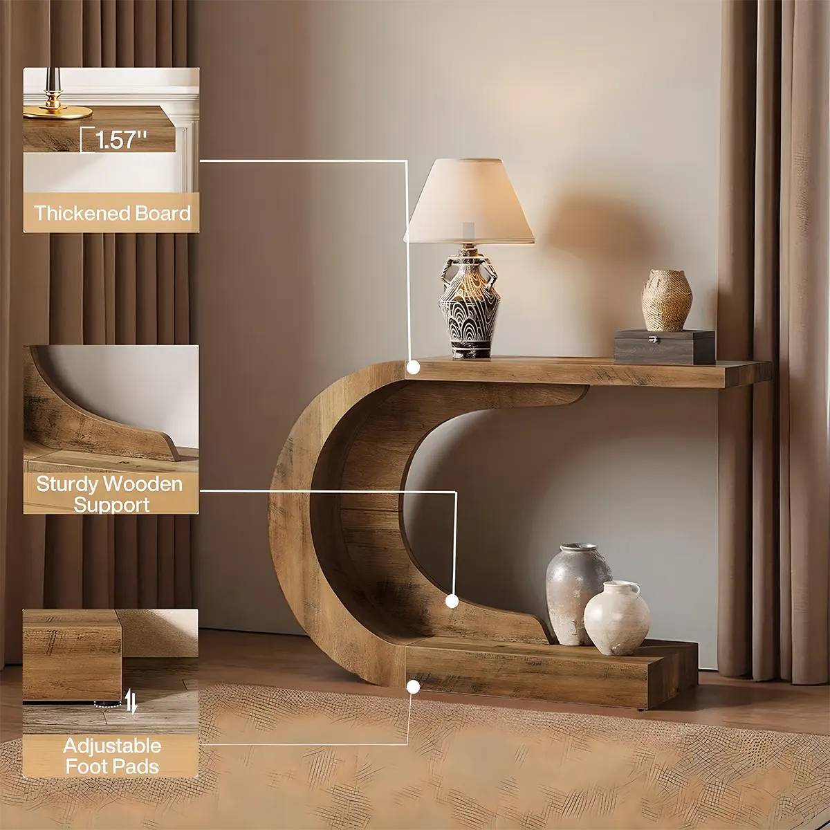 C-Shaped Wooden Console Table – Modern Entryway Table