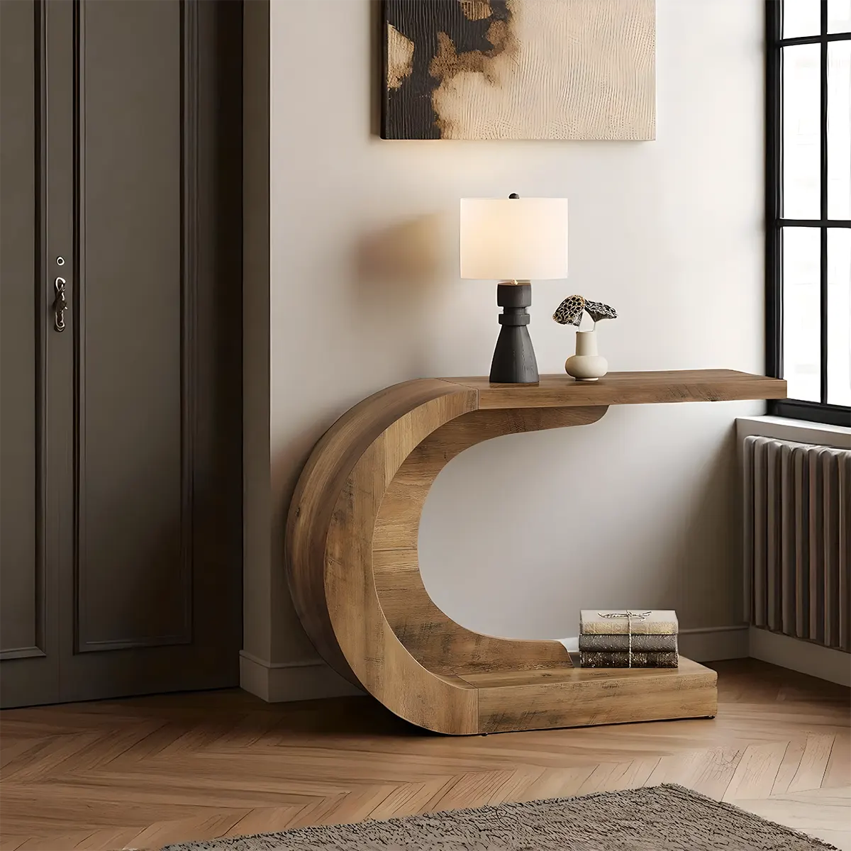 C-Shaped Wooden Console Table – Modern Entryway Table