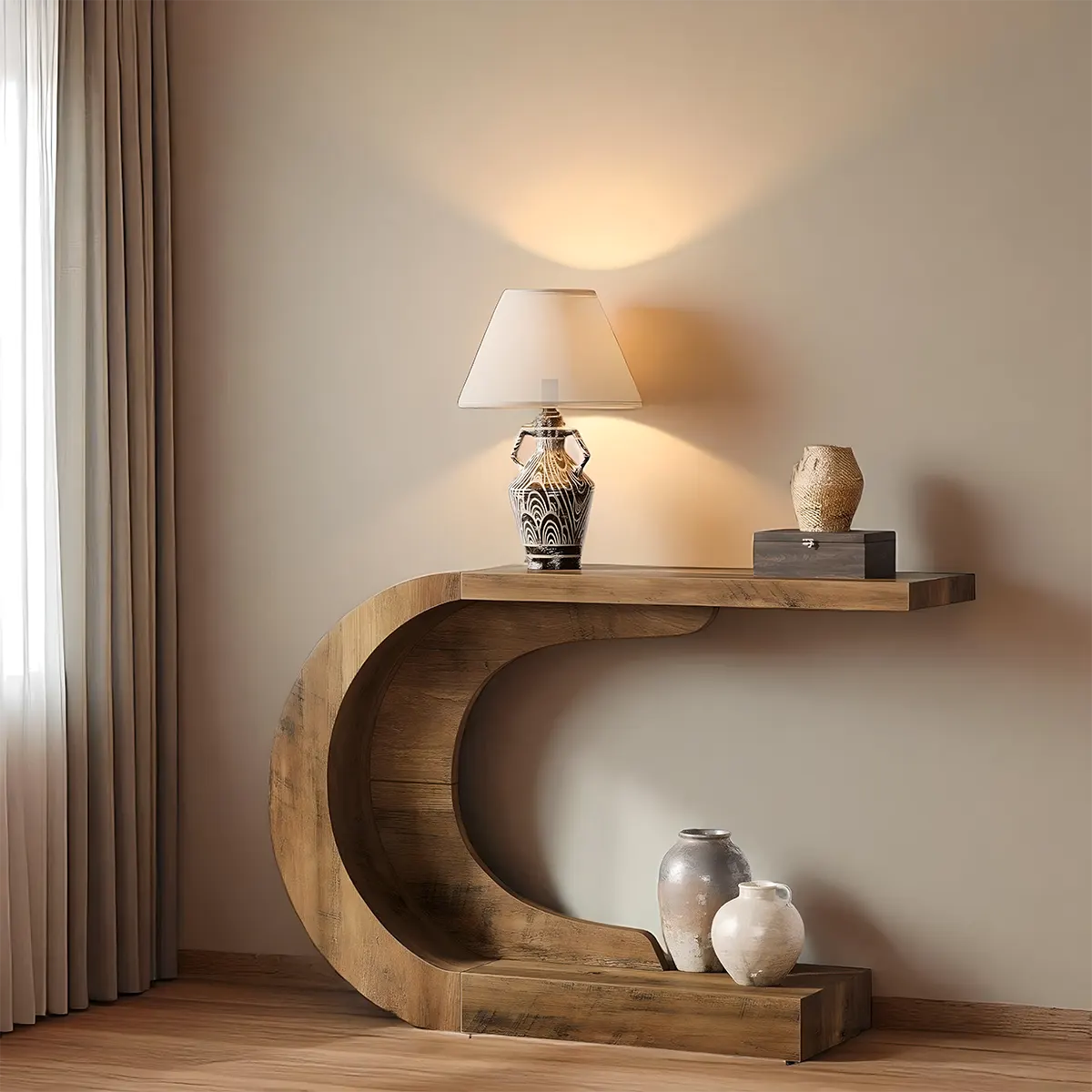 C-Shaped Wooden Console Table – Modern Entryway Table