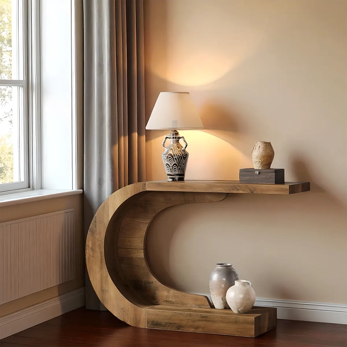 C-Shaped Wooden Console Table – Modern Entryway Table