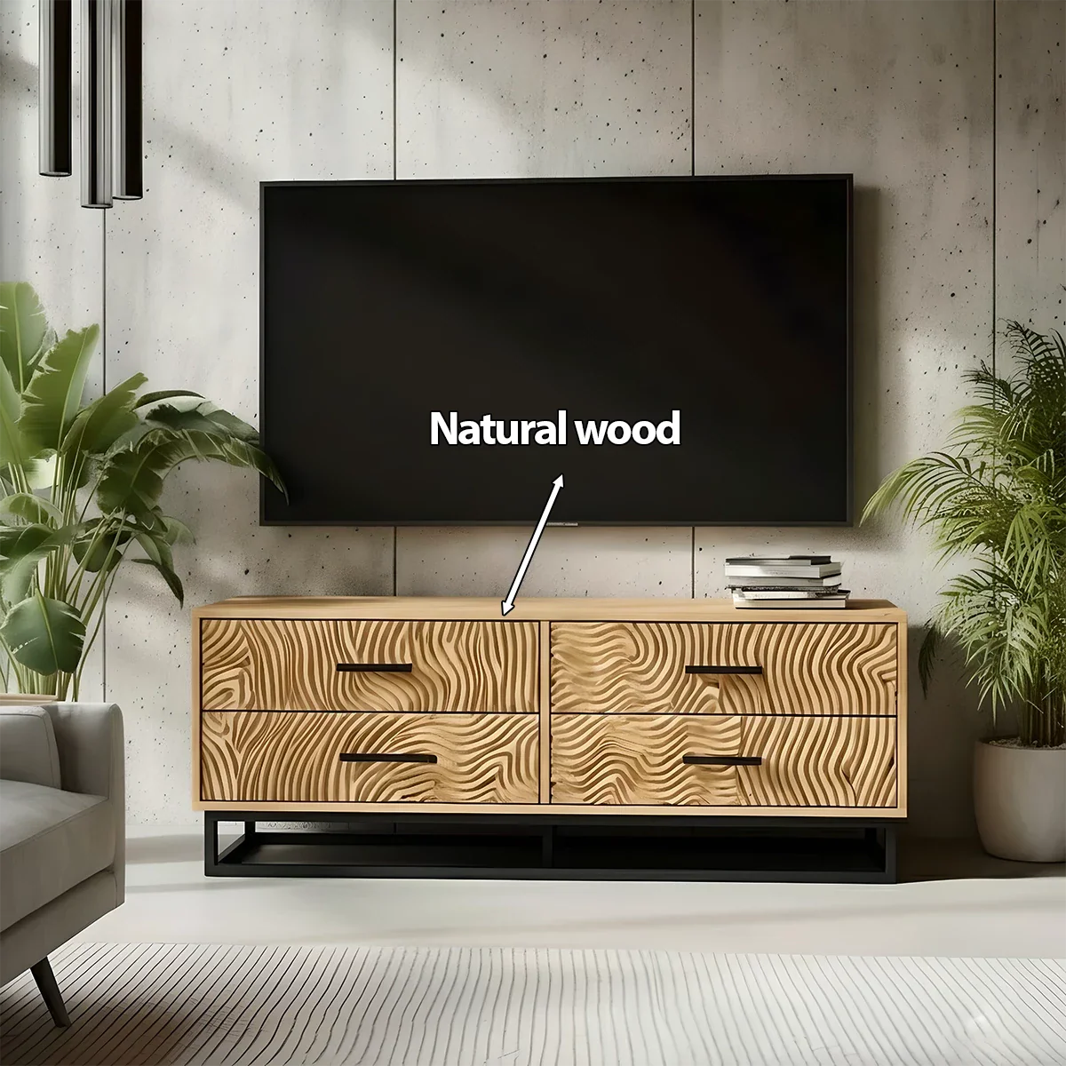 Carved Solid Wood TV Stand – Modern Textured Media Console with Metal Base - Rustira