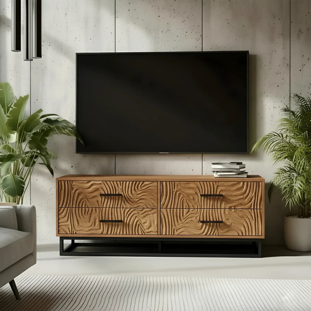 Carved Solid Wood TV Stand – Modern Textured Media Console with Metal Base - Rustira