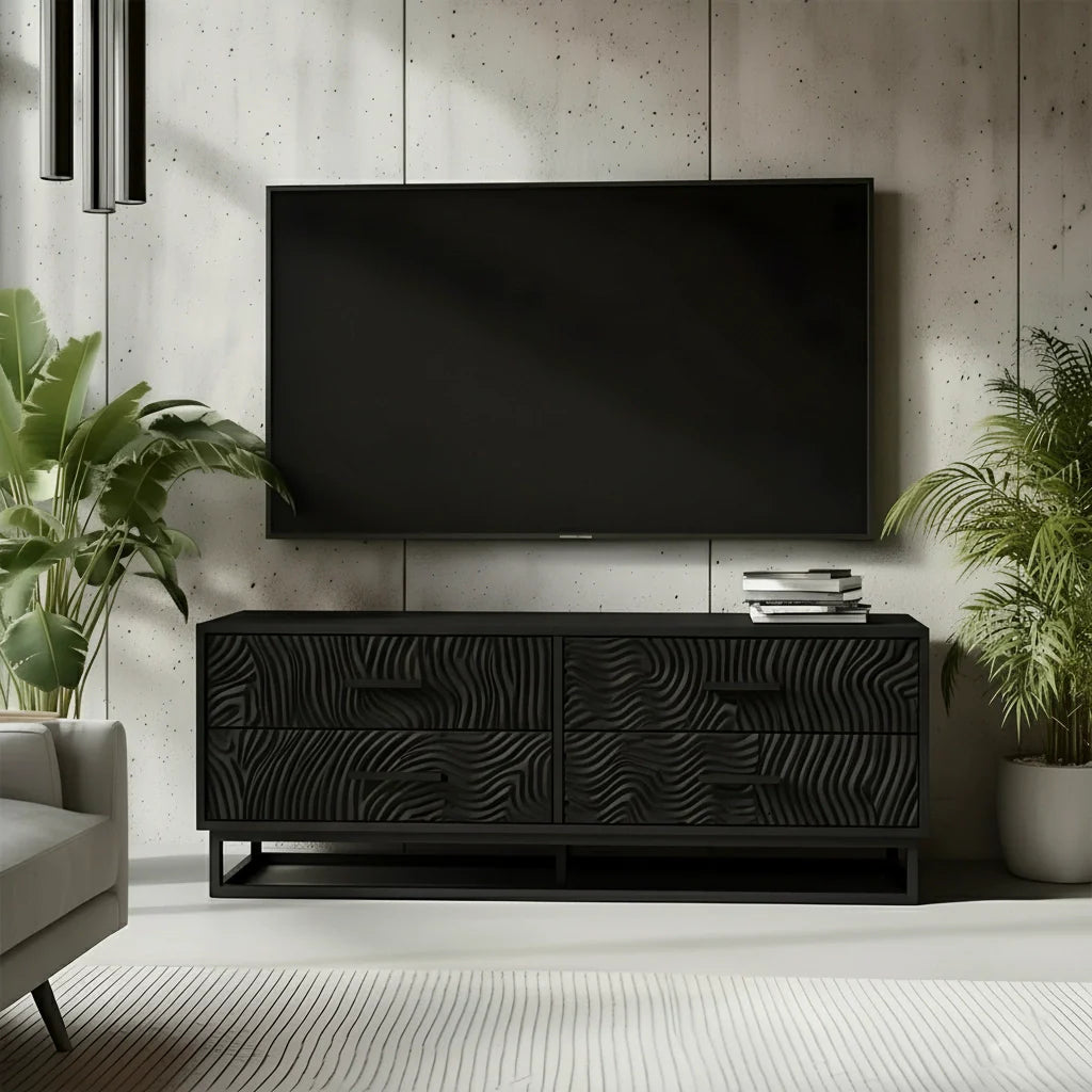 Carved Solid Wood TV Stand – Modern Textured Media Console with Metal Base - Rustira