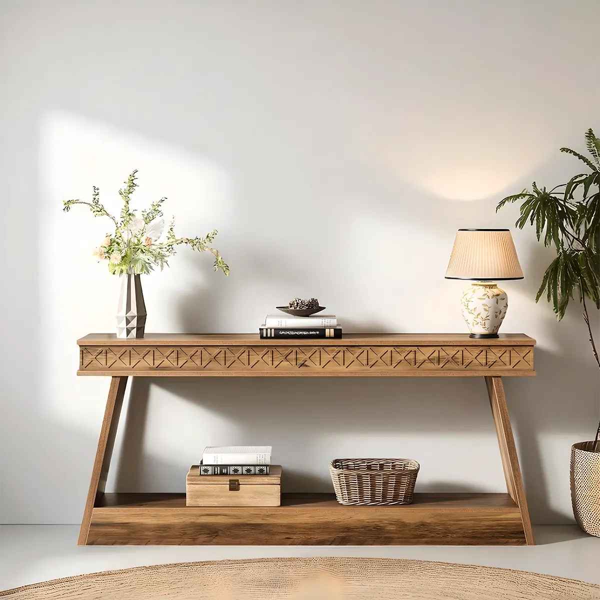 Carved Wooden Console Table – 2-Tier Display Shelf 180cm, U-Shaped Structure – Modern Style