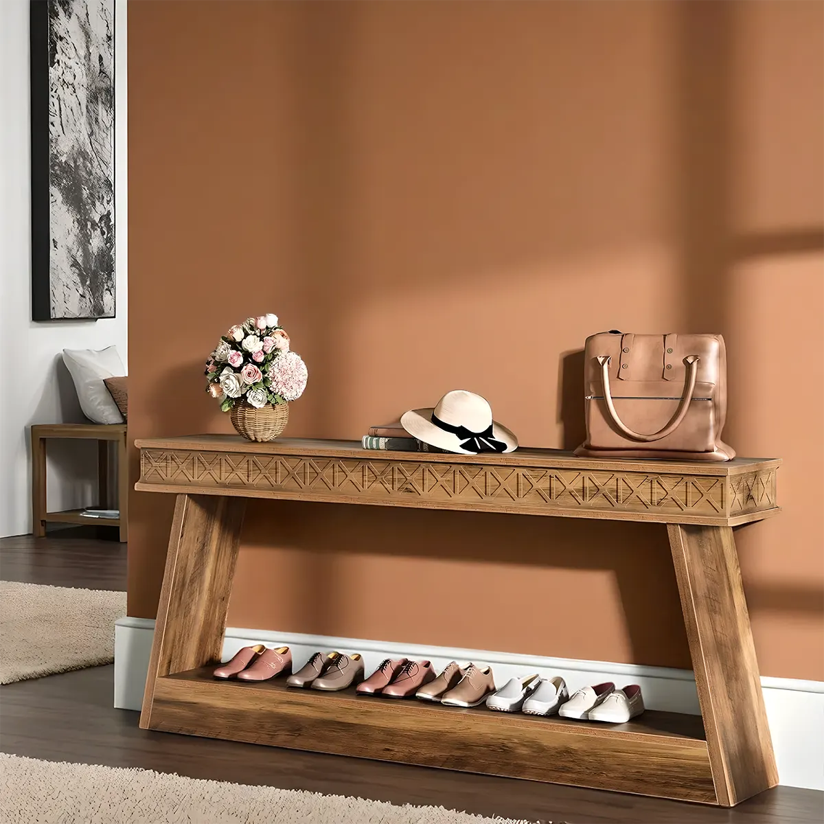 Carved Wooden Console Table – 2-Tier Display Shelf 180cm, U-Shaped Structure – Modern Style