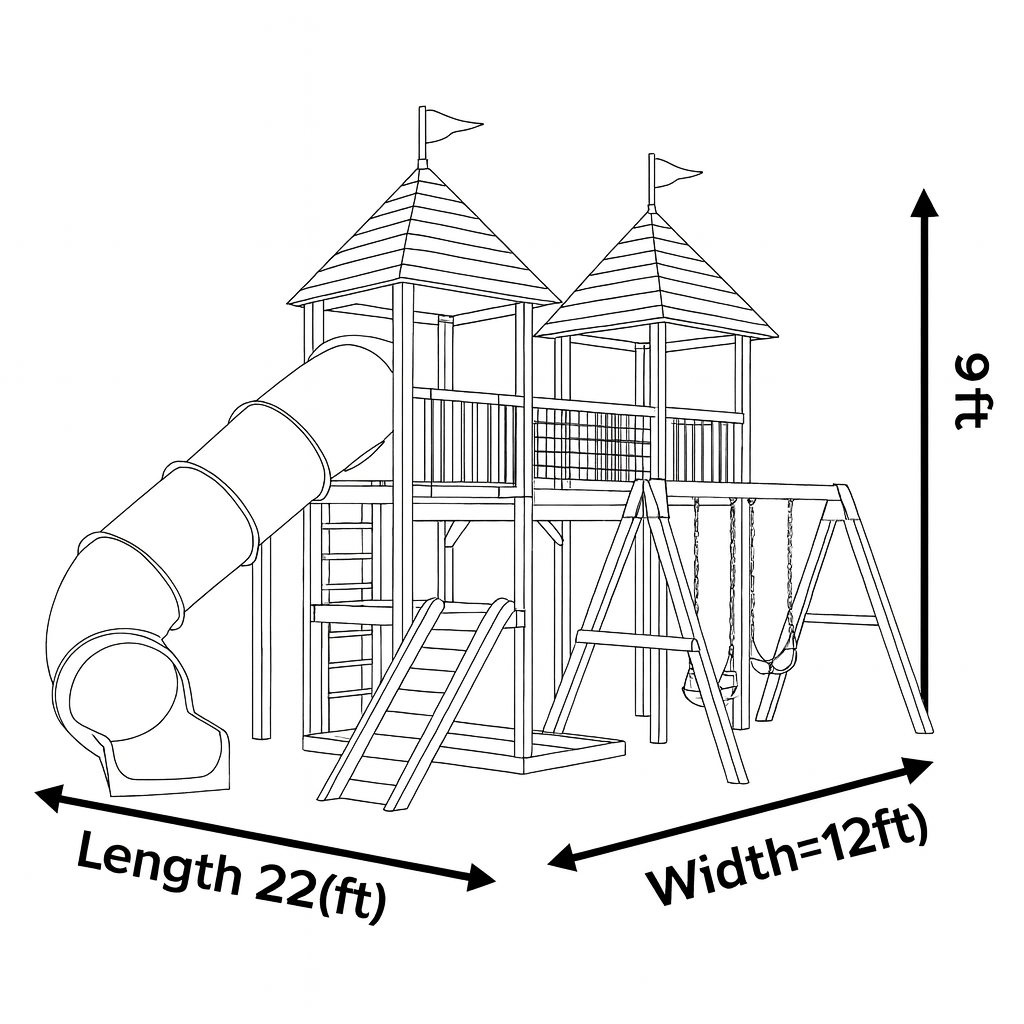 Wooden Swingset with Clubhouse Tower & Slide – Safe Outdoor Playground