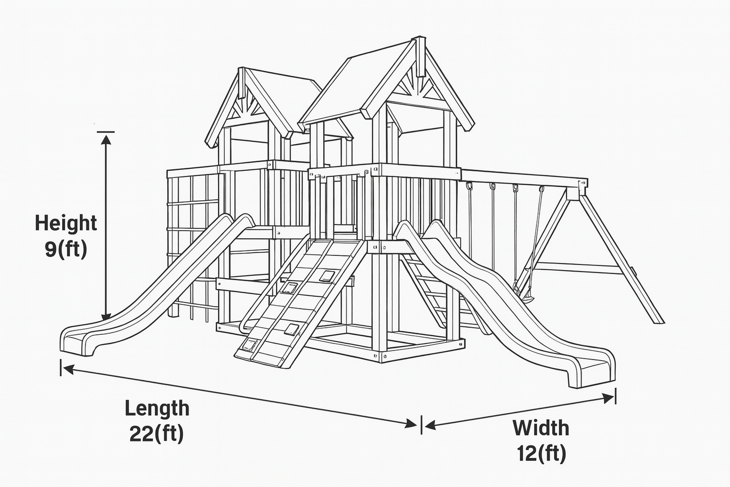 Outdoor Wooden Swingset with Playhouse, Slide & Climbing Wall