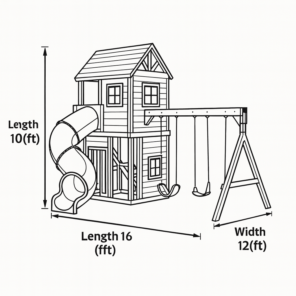 Wooden Swingset with Spiral Tube Slide & Double Swings | 2-Story Backyard Playhouse for Kids – 16x12x10 ft Outdoor Playground