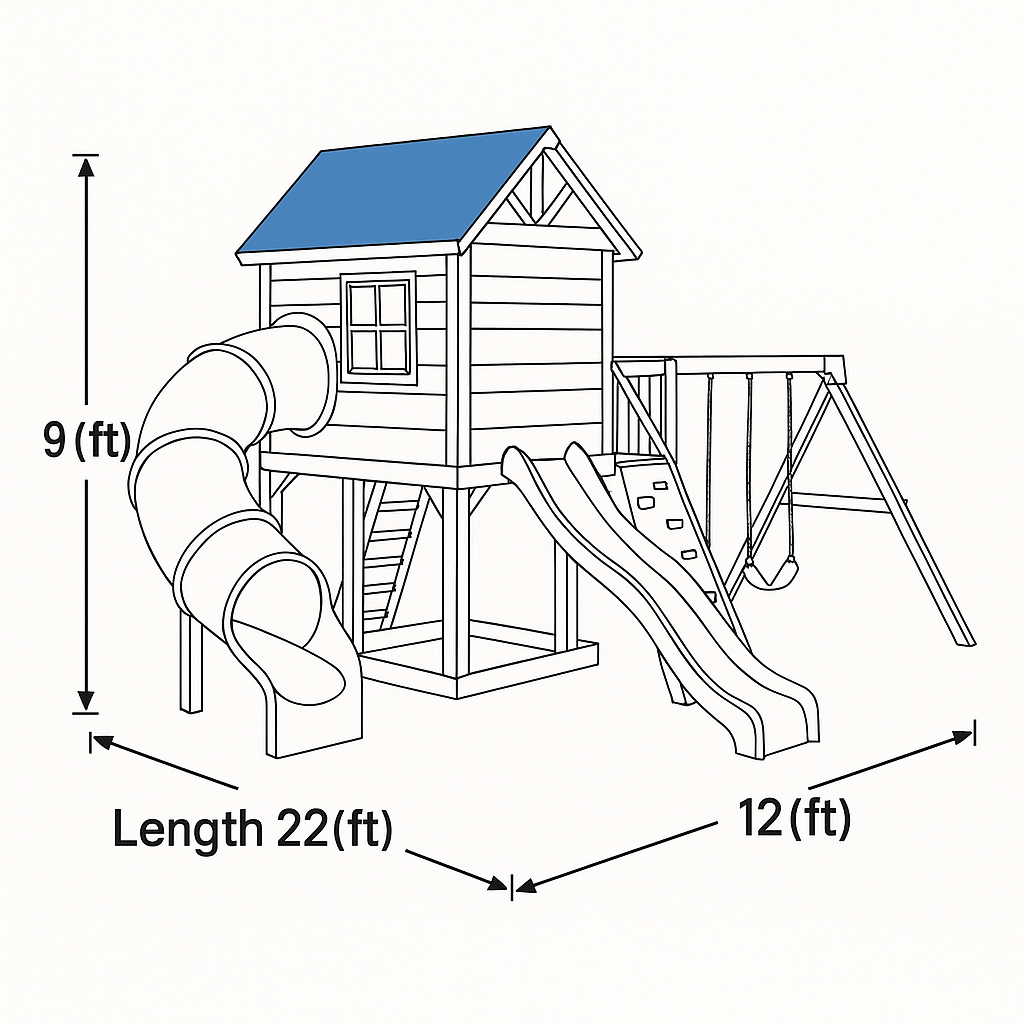 Deluxe Wooden Swingset with Spiral Slide & Double Swing – 22x12 ft