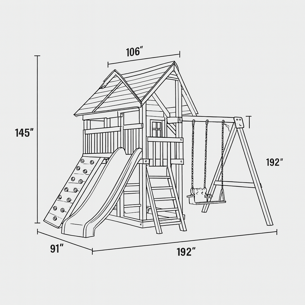 Wooden Playhouse Swing Set – Backyard Kids Playset with Climbing Wall & Slide