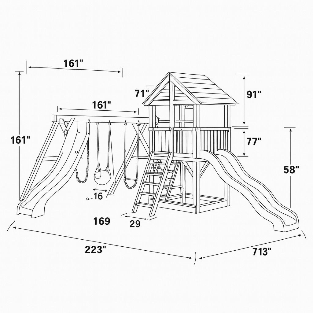 Wooden Kids Playground Set with Rock Wall, Slide & Swing Station – Backyard Playhouse