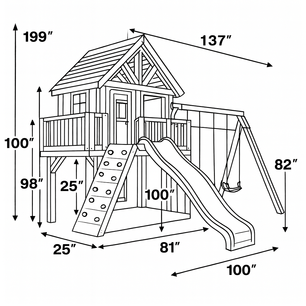 Wooden Swing Set with Slide, Rock Wall & Playhouse – Outdoor Kids Playground (199 in Tall, 137 in Wide)