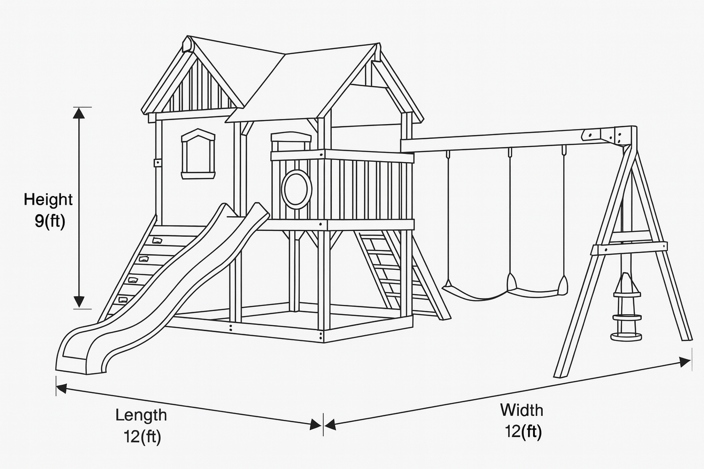 Wooden Playhouse with Slide & Swings | 12x12x9 ft Outdoor Backyard Playground for Kids