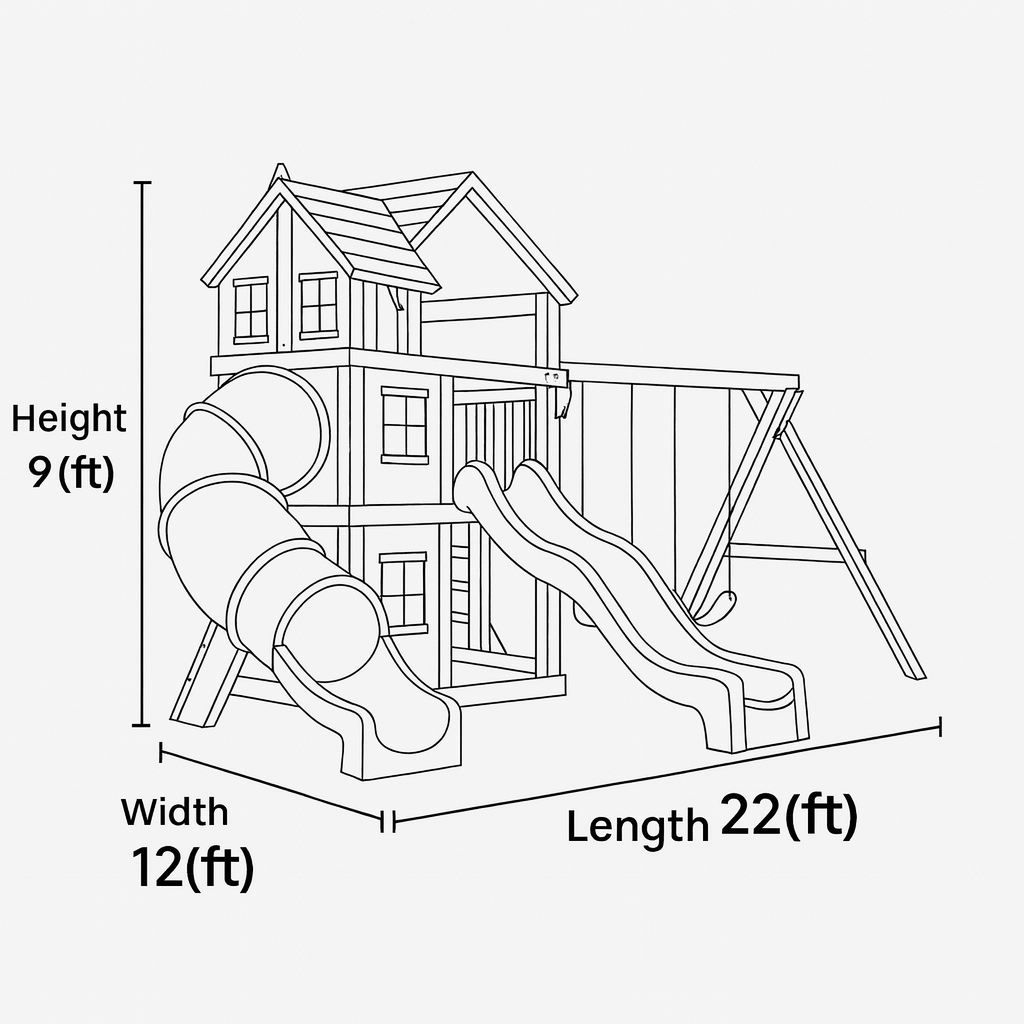 Wooden Playhouse with Double Slide & Swings | 22x12x9 ft Kids Outdoor Playground for Backyard Fun