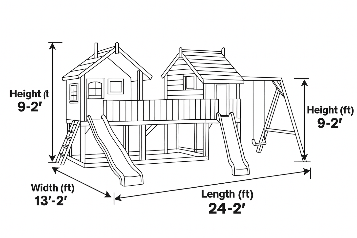 Outdoor Wooden Swingset with Playhouse, Slide & Climbing Wall