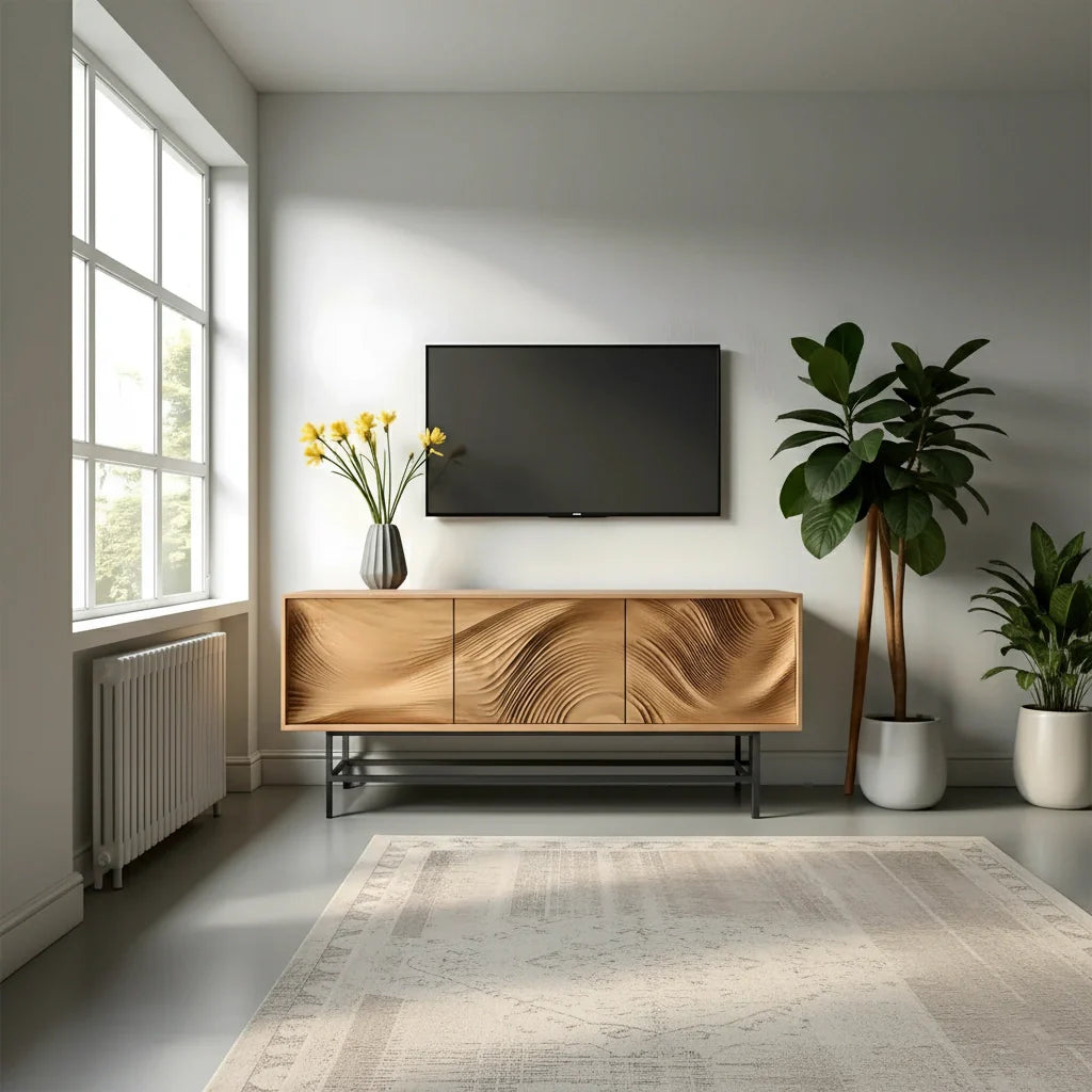 Contemporary Wave-Carved Solid Wood TV Console – Light Oak Minimalist Design - Rustira