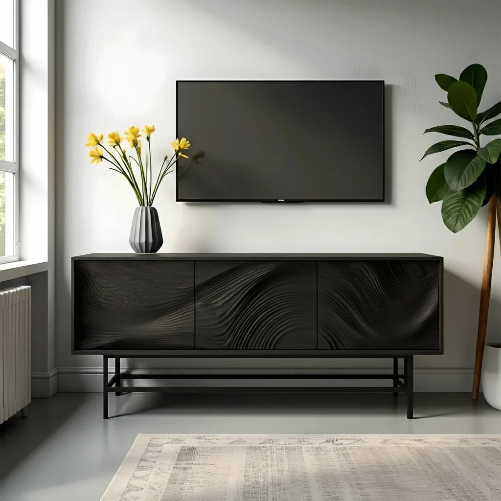 Contemporary Wave-Carved Solid Wood TV Console – Light Oak Minimalist Design - Rustira