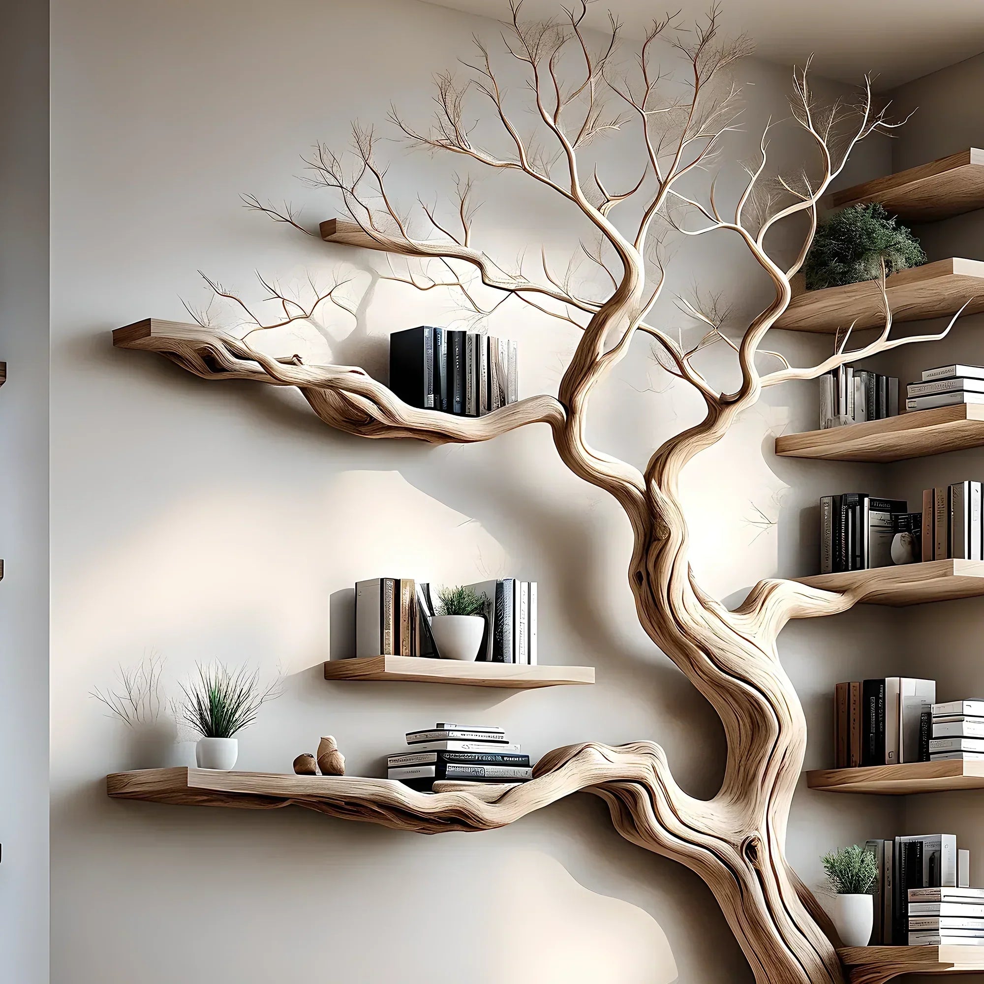Solid perennial wood bookshelf, floating shelf, tree-shaped bookshelf