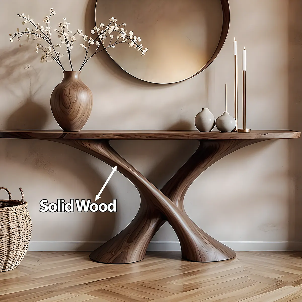 Cross Wave Walnut Console Table – Sculptural Wood Art - Rustira