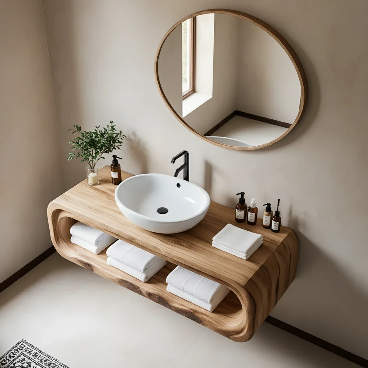 Curved Solid Wood Floating Vanity – Japandi Organic Bathroom Console - Rustira