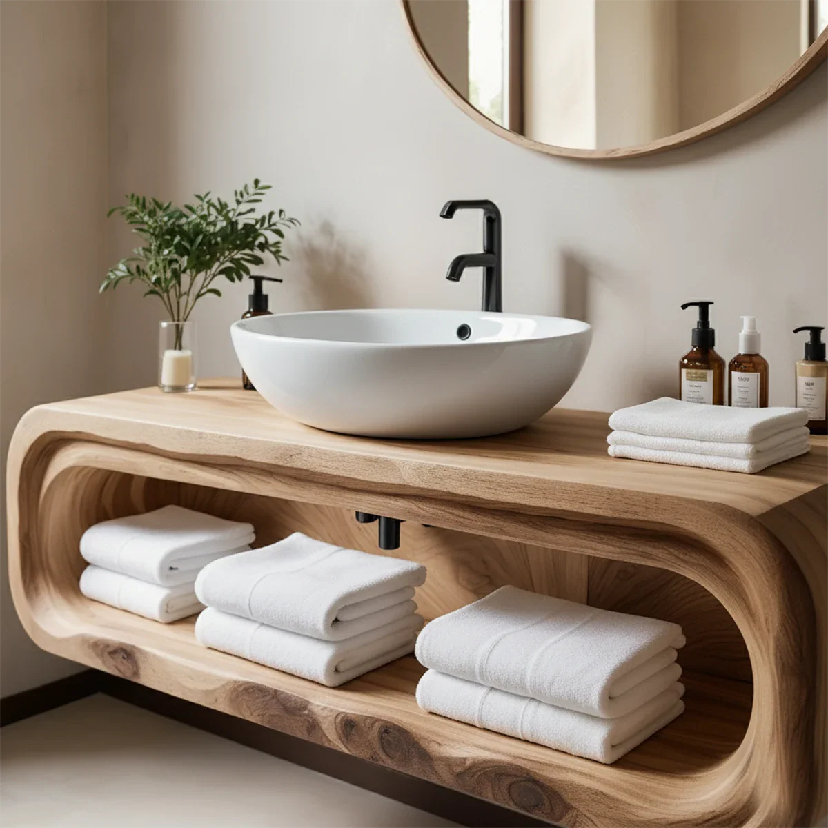Curved Solid Wood Floating Vanity – Japandi Organic Bathroom Console - Rustira