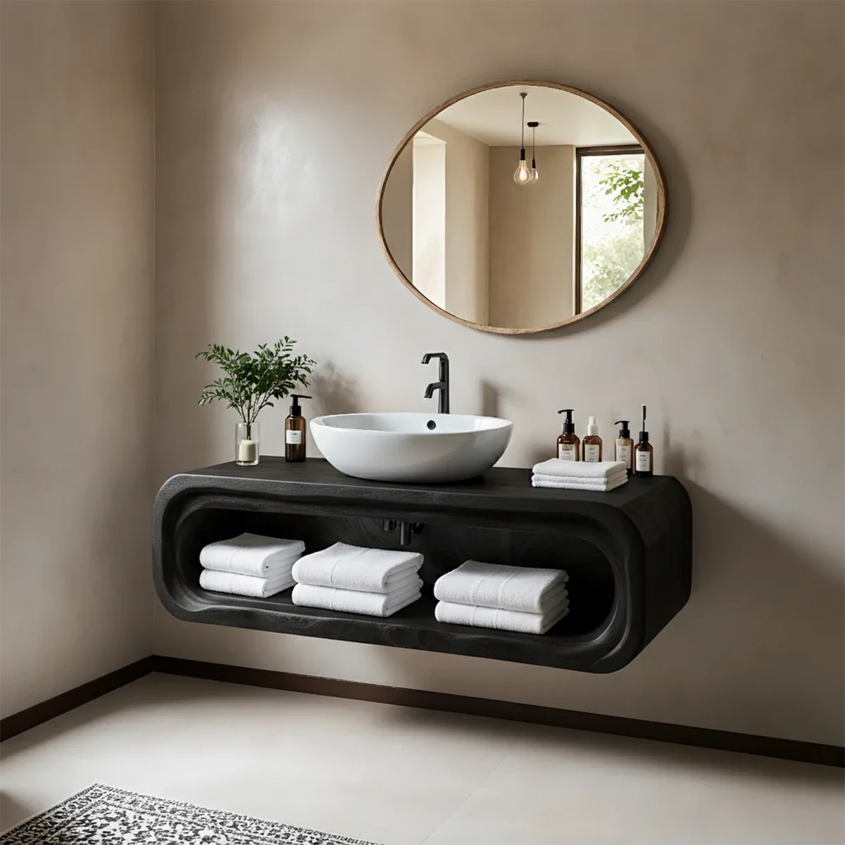 Curved Solid Wood Floating Vanity – Japandi Organic Bathroom Console - Rustira