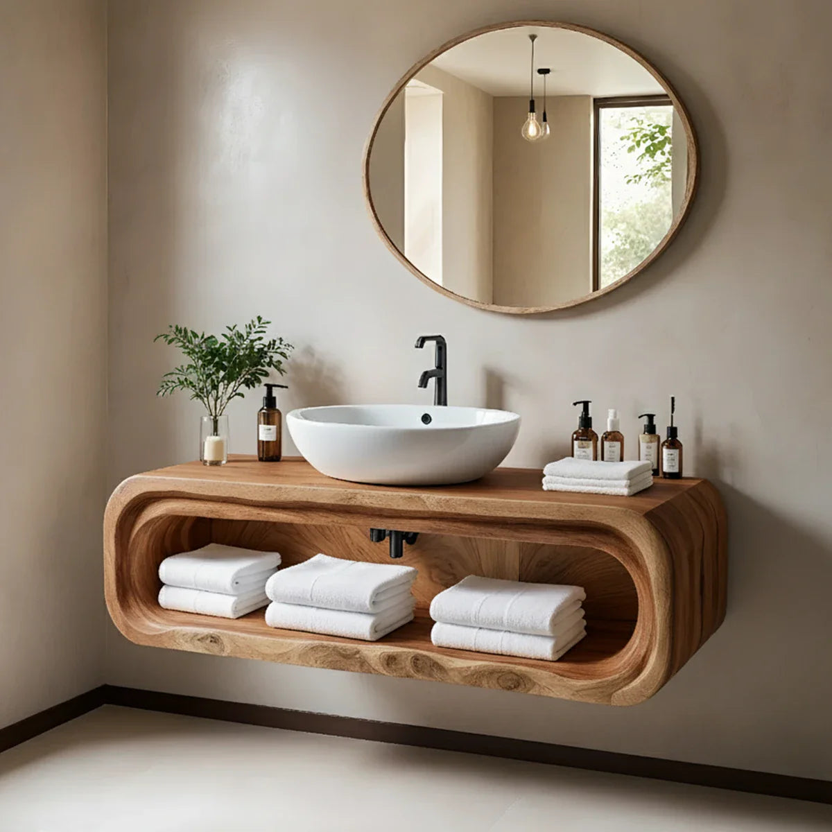 Curved Solid Wood Floating Vanity – Japandi Organic Bathroom Console - Rustira