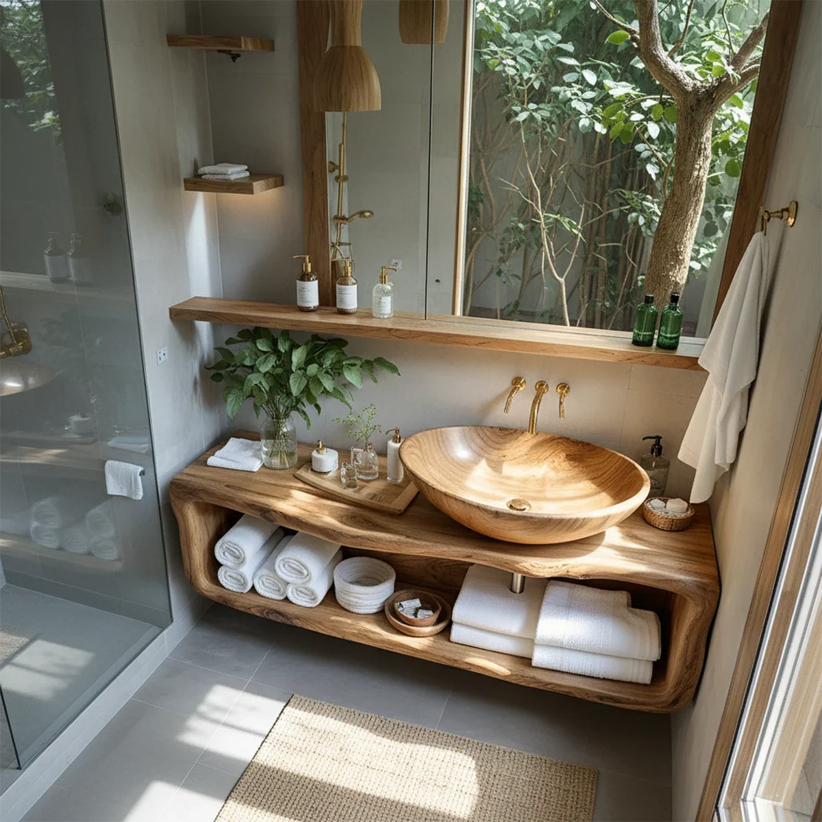 Curved Solid Wood Floating Vanity – Organic Spa Bathroom Console - Rustira