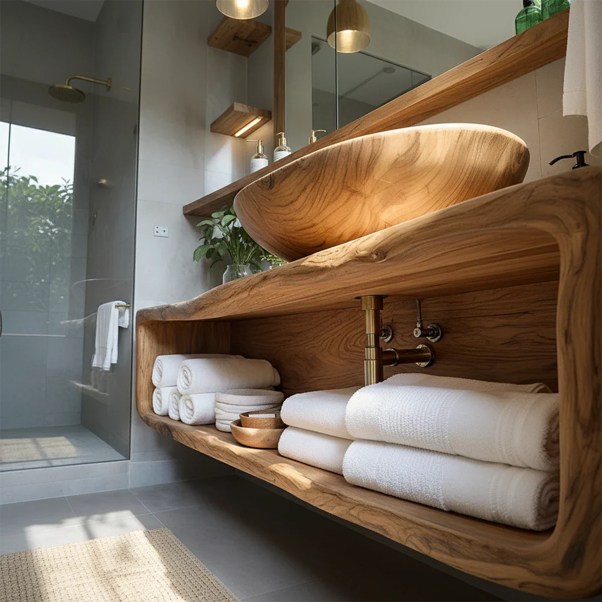 Curved Solid Wood Floating Vanity – Organic Spa Bathroom Console - Rustira