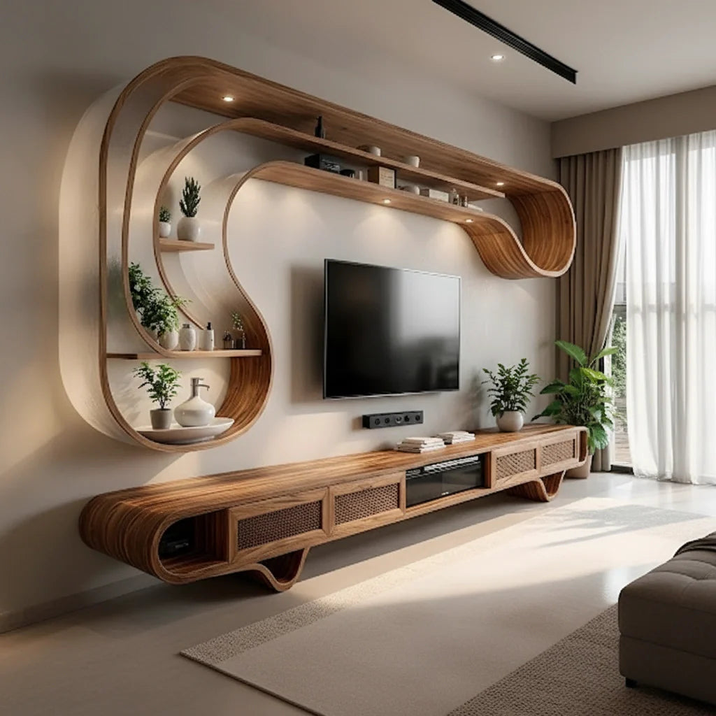 Curved Solid Wood TV Stand & Floating Wave Shelf Set – Modern Sculptural Media Wall - Rustira