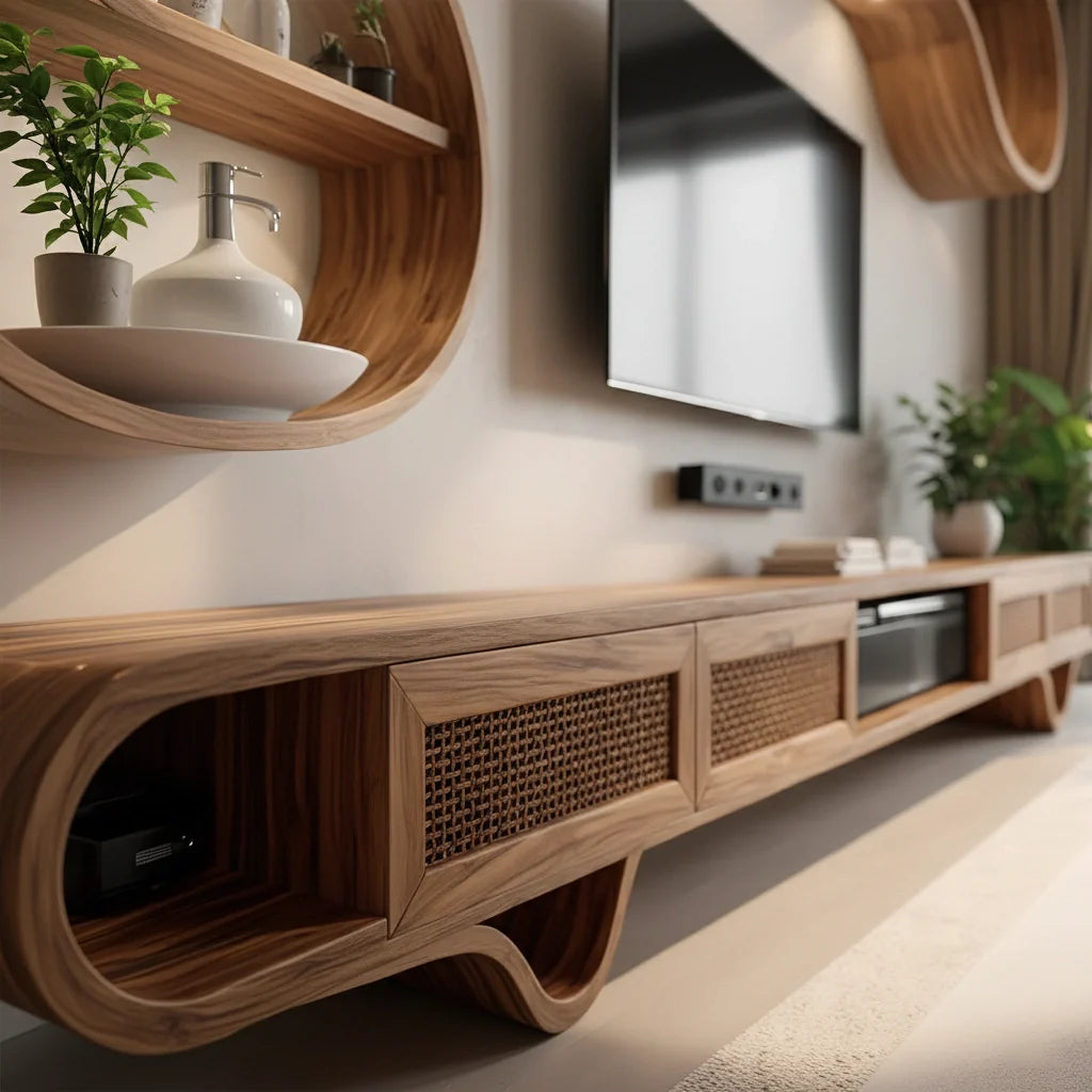Curved Solid Wood TV Stand & Floating Wave Shelf Set – Modern Sculptural Media Wall - Rustira