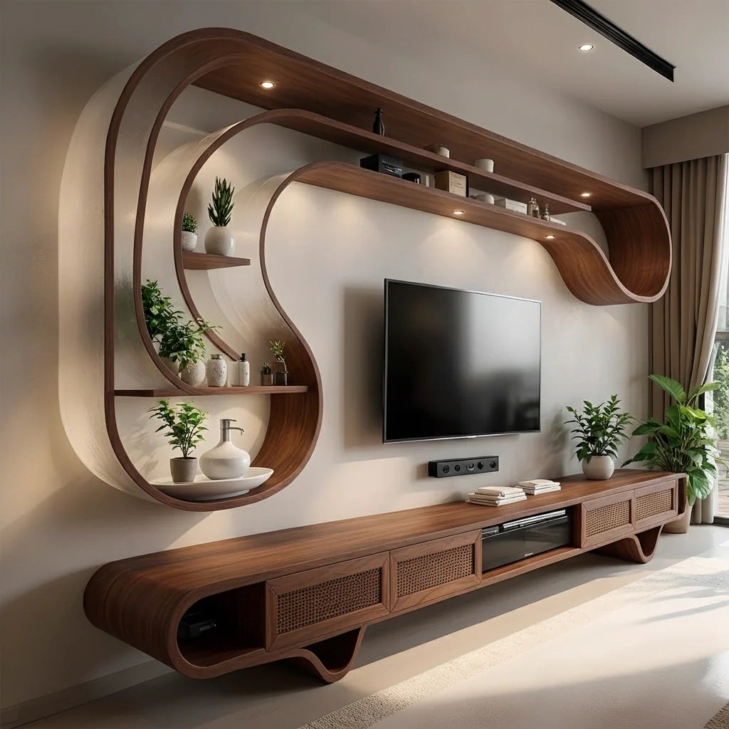 Curved Solid Wood TV Stand & Floating Wave Shelf Set – Modern Sculptural Media Wall - Rustira