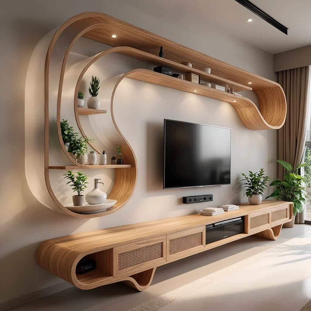 Curved Solid Wood TV Stand & Floating Wave Shelf Set – Modern Sculptural Media Wall - Rustira