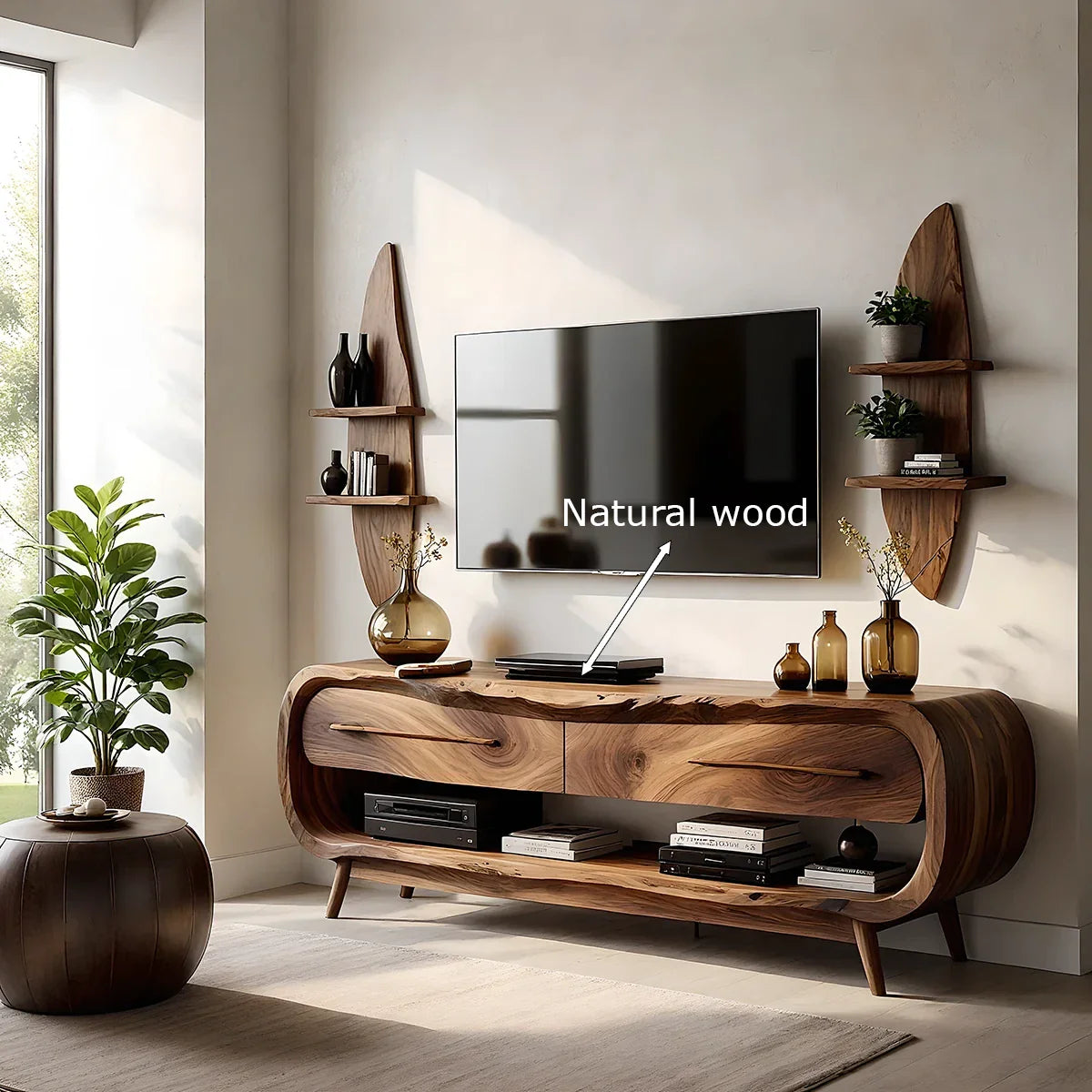 Curved Solid Wood TV Stand Set with Floating Shelves - Organic Modern Media Console - Rustira
