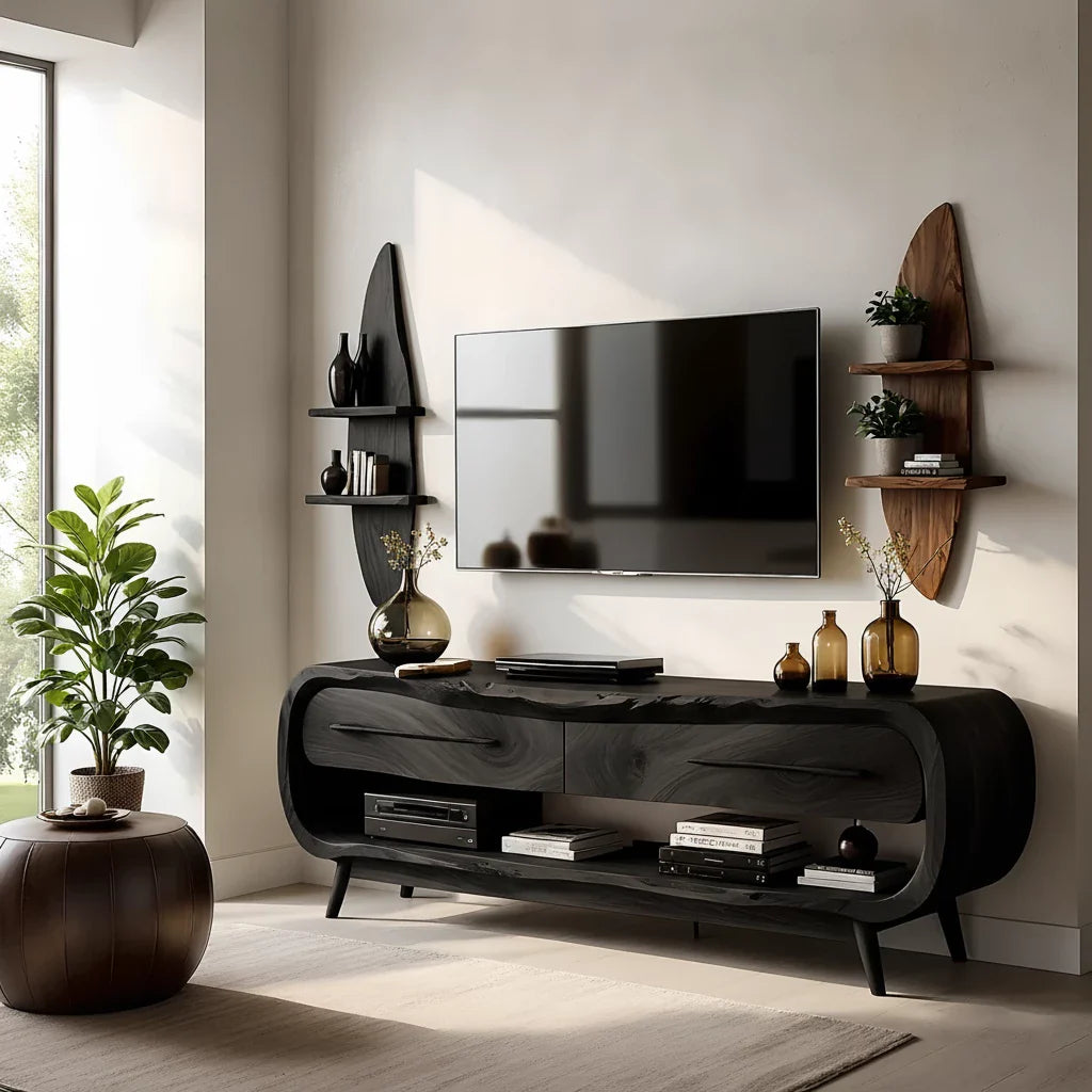 Curved Solid Wood TV Stand Set with Floating Shelves - Organic Modern Media Console - Rustira