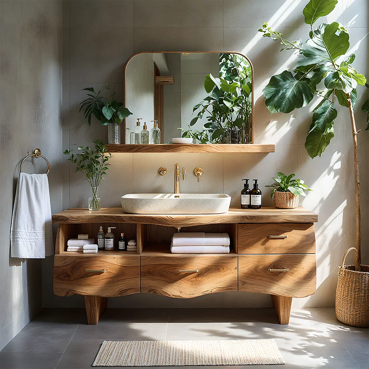 Curved Solid Wood Vanity with Legs – Japandi Spa Bathroom Console - Rustira