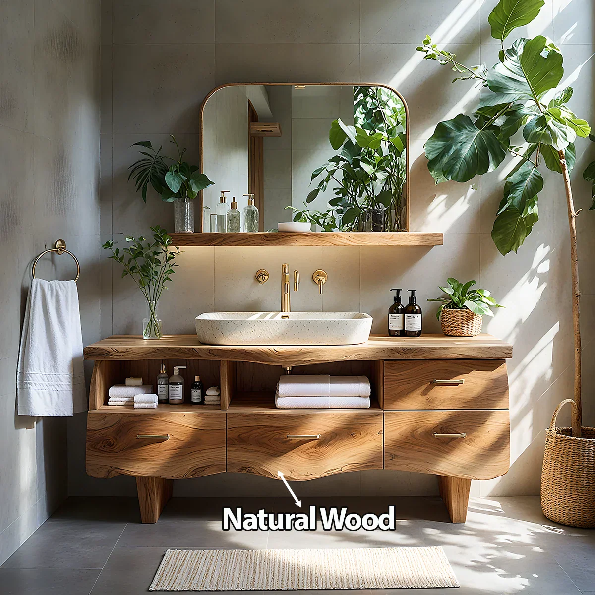 Curved Solid Wood Vanity with Legs – Japandi Spa Bathroom Console - Rustira