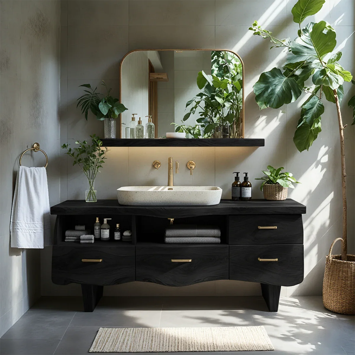 Curved Solid Wood Vanity with Legs – Japandi Spa Bathroom Console - Rustira