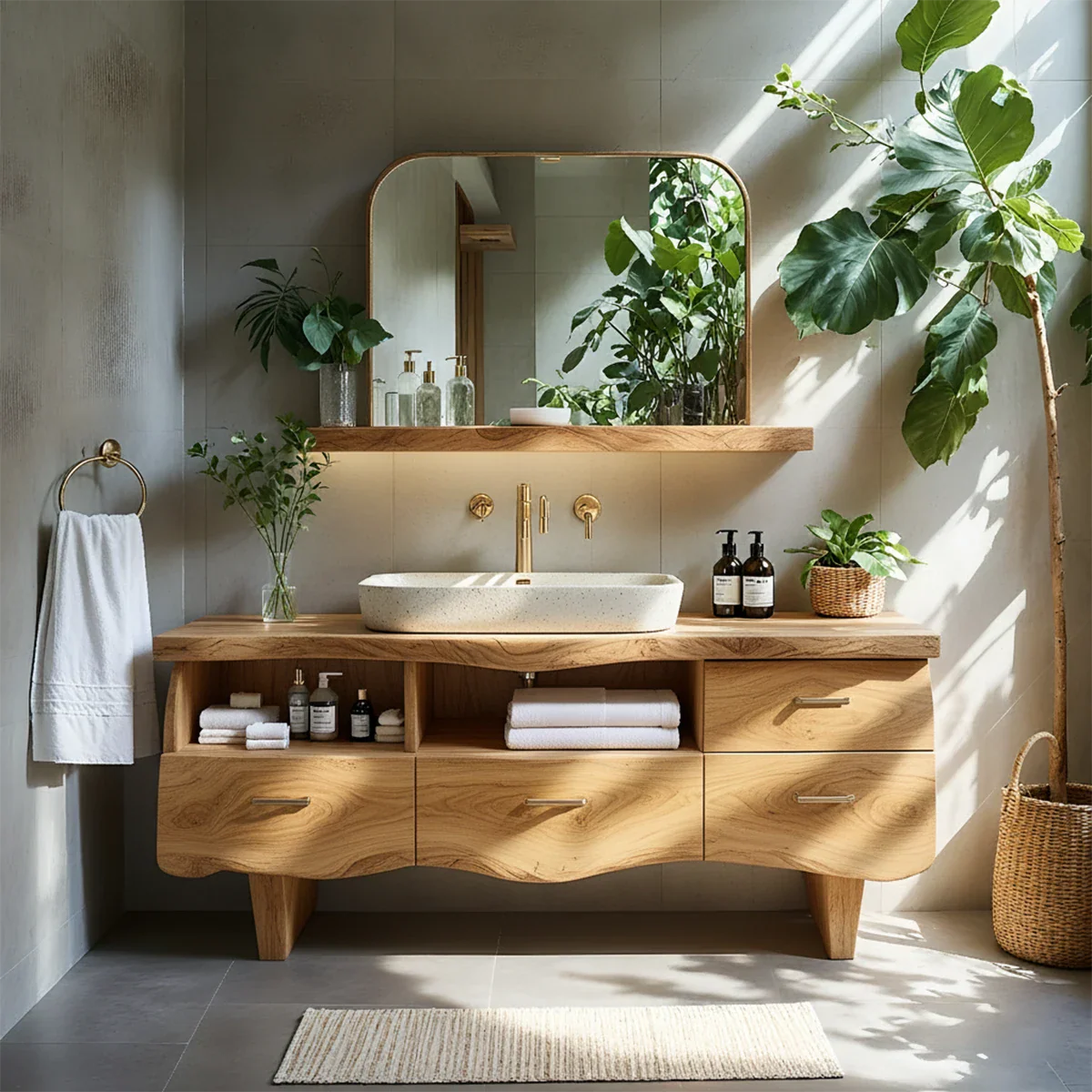 Curved Solid Wood Vanity with Legs – Japandi Spa Bathroom Console - Rustira